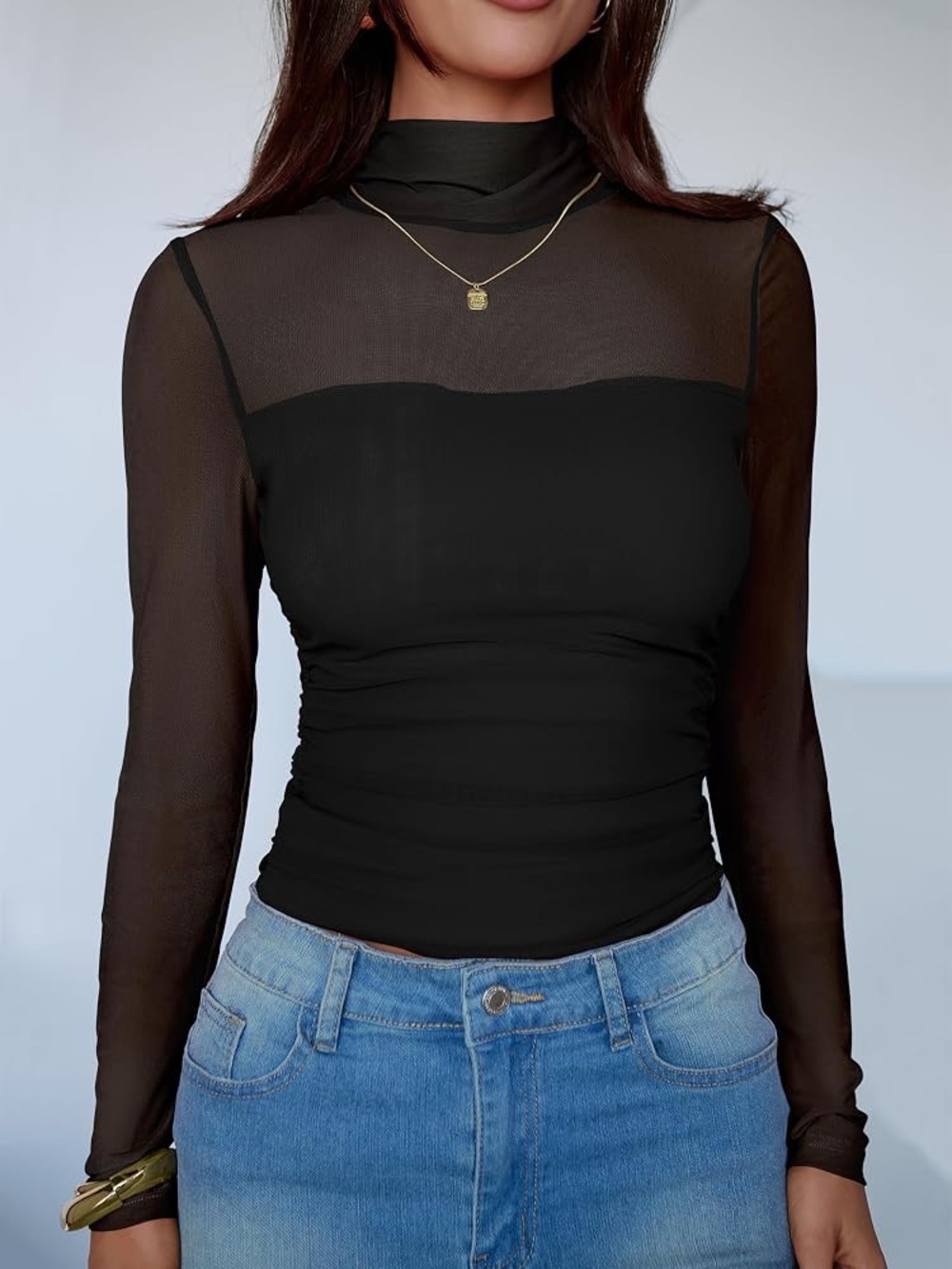 SHEIN Black Sheer Mock Neck Long-Sleeve Top